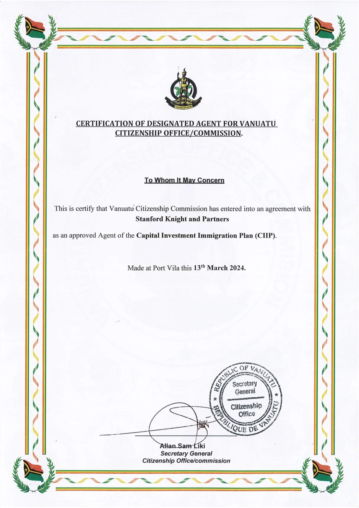 CIIP Master Agent certificate issued by the Citizenship Commission of Vanuatu