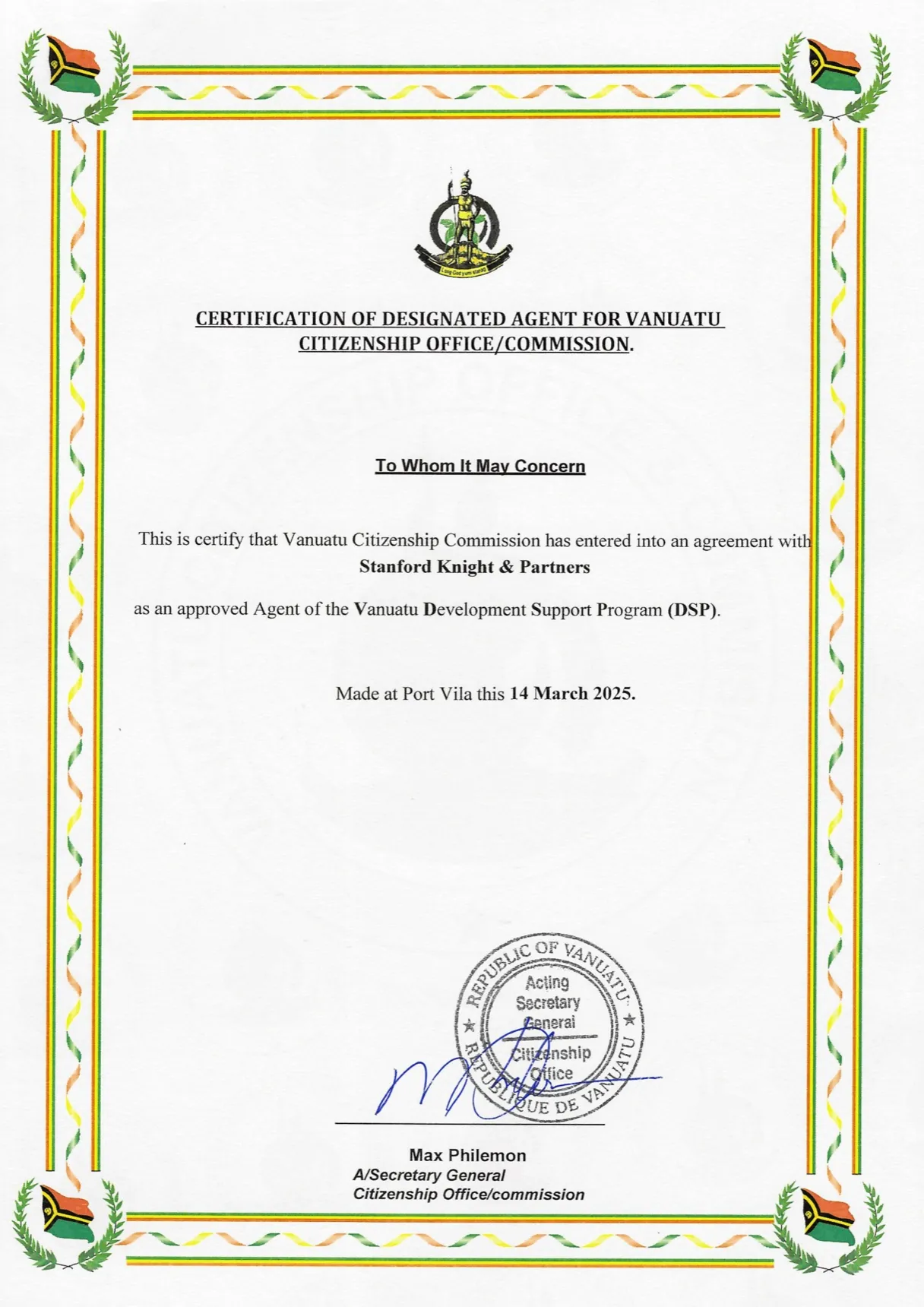 DSP Master Agent certificate issued by the Citizenship Commission of Vanuatu